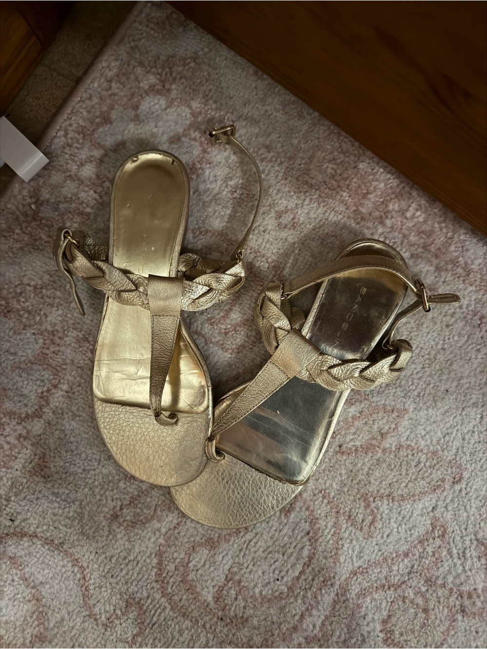 Braided Metallic T-Strap Sandals in Gold